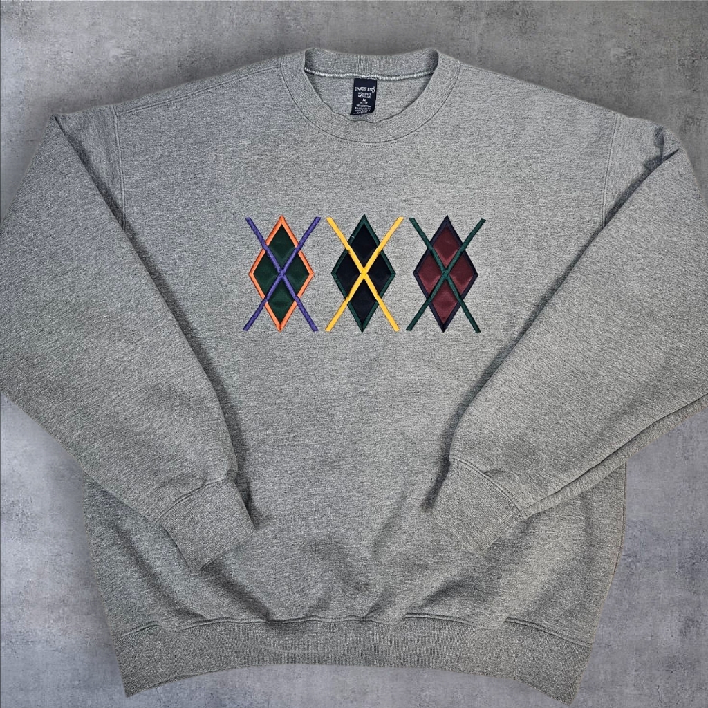 Vintage 80s Lands' End Gray Argyle Preppy Sweatshirt Size Medium Women's L41